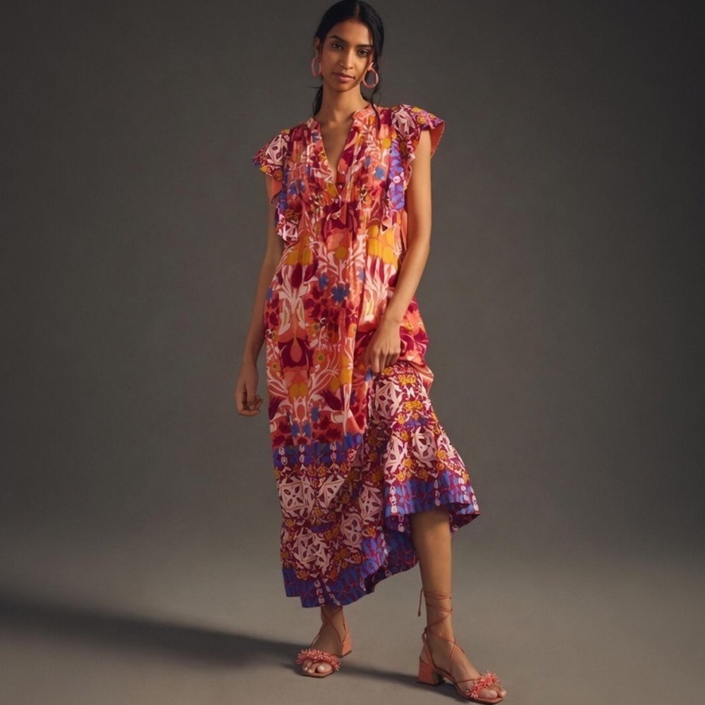 Maeve Anthropologie Cassandra Maxi Dress Pink Orange Floral Flutter Sleeve Small